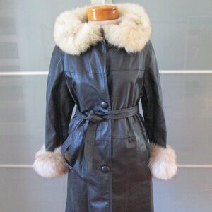 Vintage 70s Jacket Leather Belted Trench Coat Fur Collar / Cuffs Black